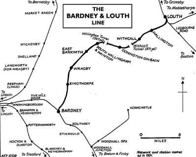 Railway map showing relation of Withcall, East Barkwith, Hallington and Donington on the Bardney - Louth segment of the Louth and Lincoln Railway