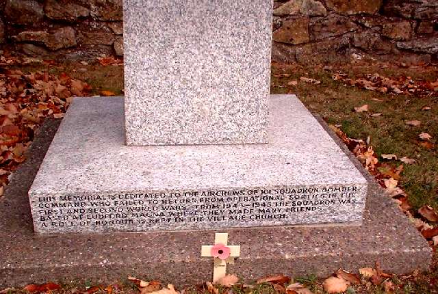 "This memorial is dedicated to the aircrews of 101 Squadron Bomber Command who failed to return from operational sorties in the First and Second World Wars. From 1945 - 1945 the Squadron was based at ludford Magna where they made many friends. A Roll of Honour is kept in the village church."